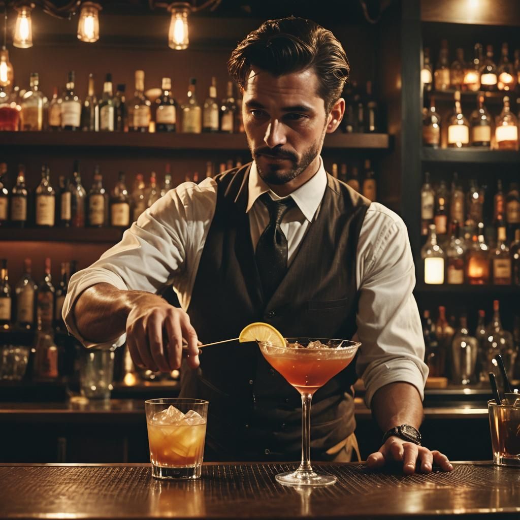Expert Bartender Mixes Cocktail in Dimly Lit Bar