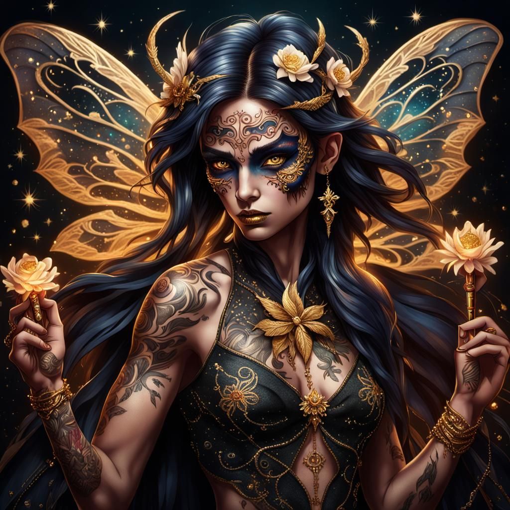 Dark Fairy with Gold Jewelry in Cosmic Setting