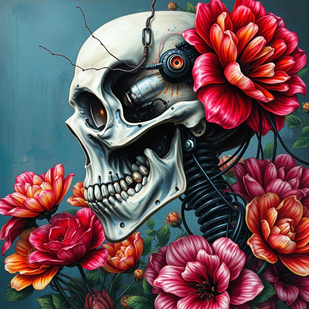 Gothic Skull Surrounded by Flowers in Detailed Art