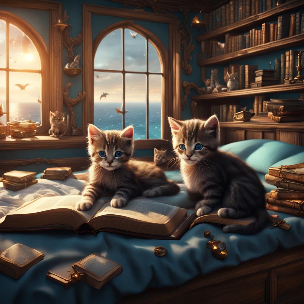 Kittens in a Room with Books: Detailed Matte Painting