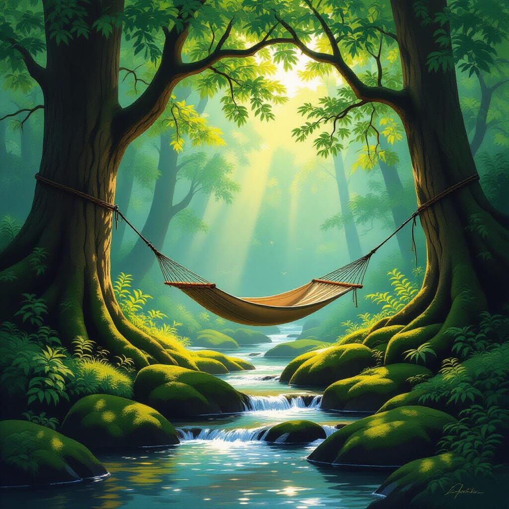 Sun-Dappled Forest Clearing with Hammock in Painterly Style
