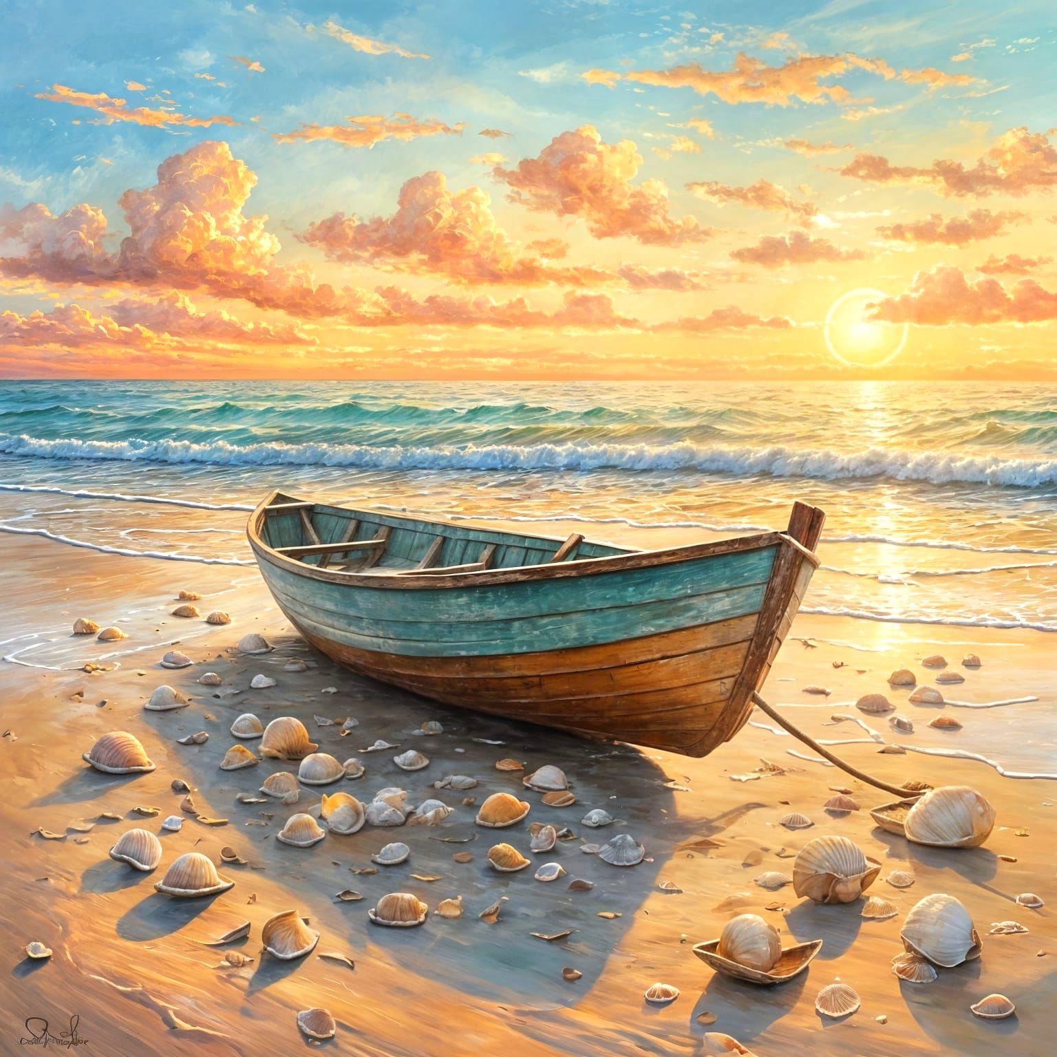 Serene Beach Sunrise with Rowboat in Impasto Style