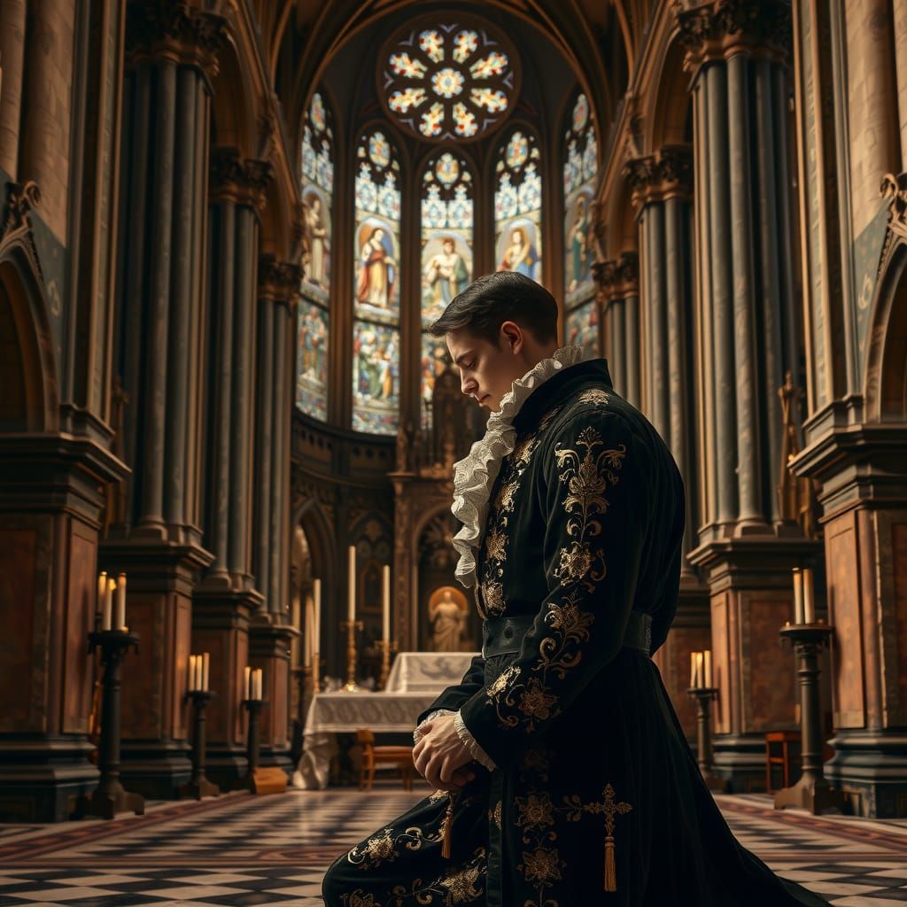 Renaissance Gentleman in Devout Prayer Before Grand Cathedra...