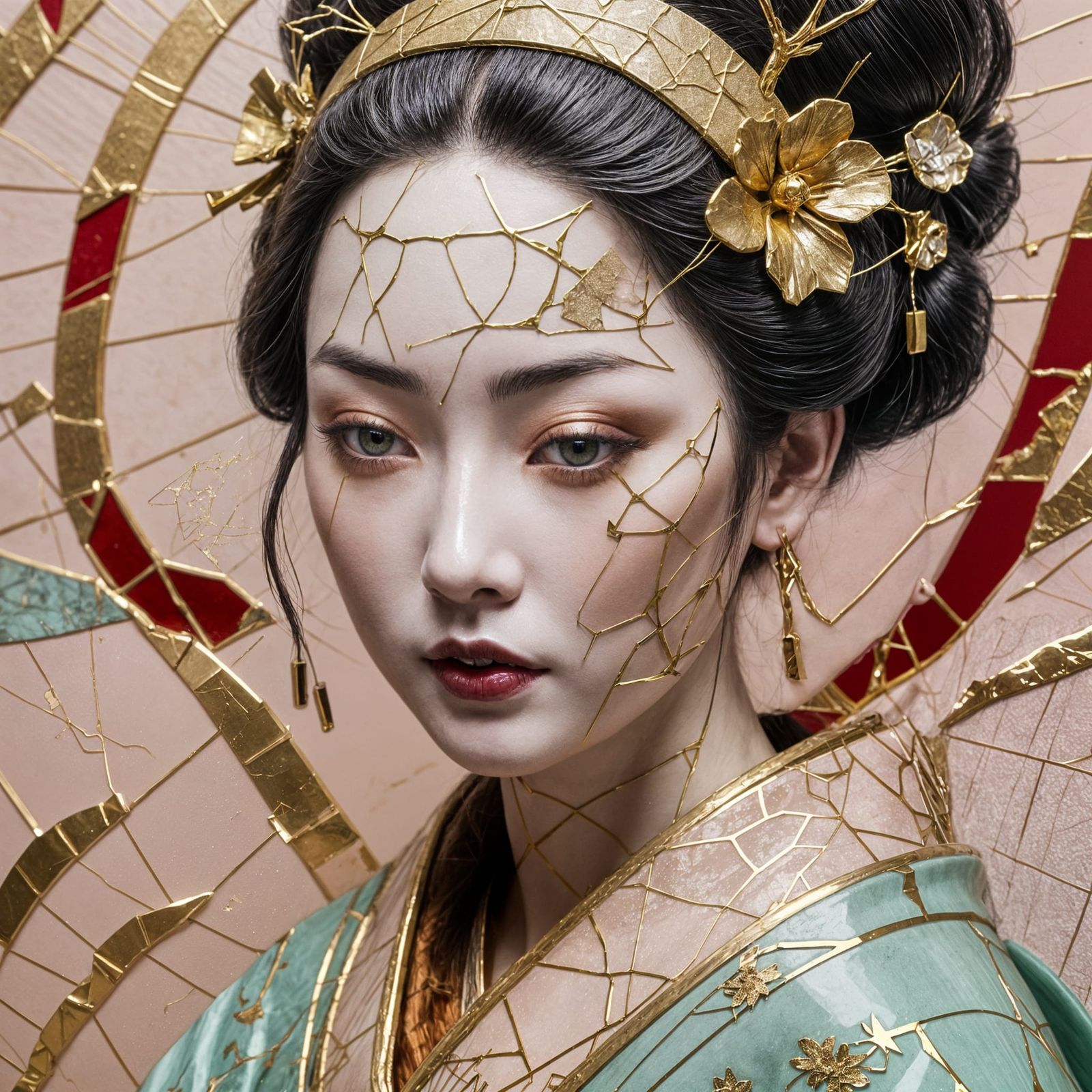Geisha Portrait in Gold Kintsugi Style