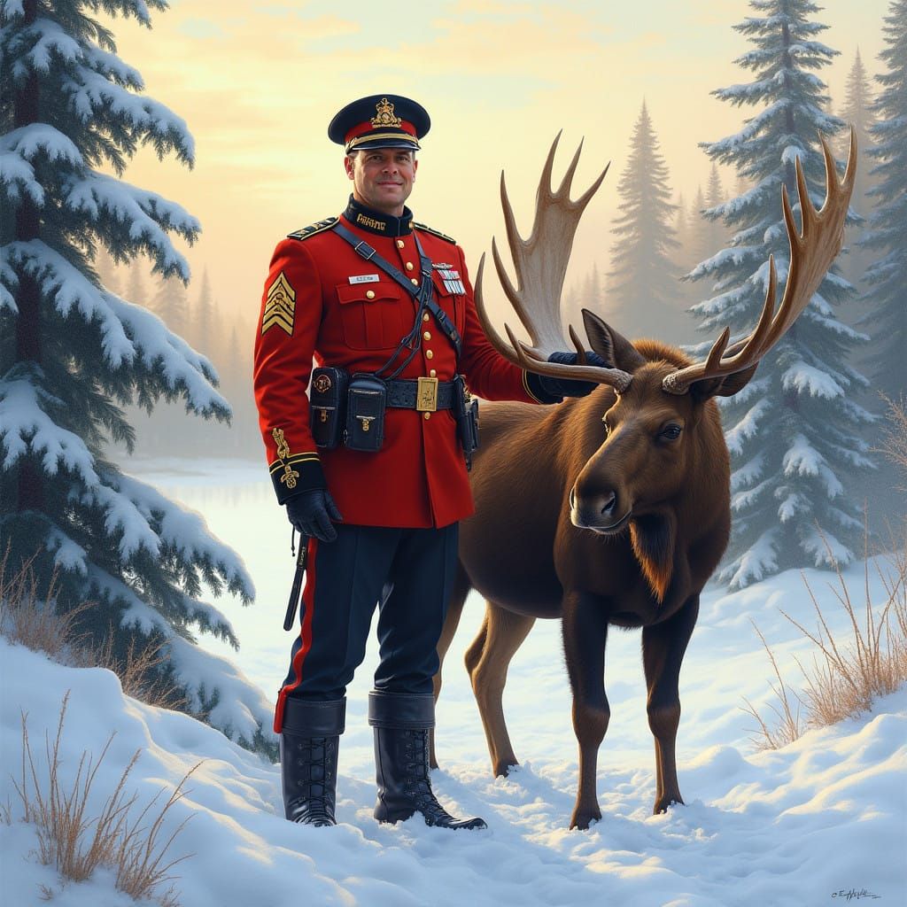 Royal Canadian Mounted Police Officer Stands Beside Majestic...