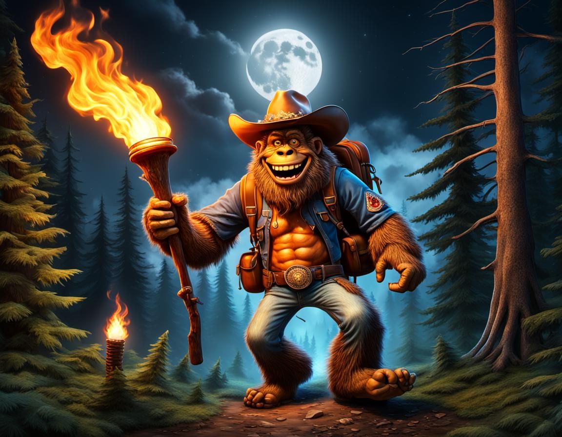 Hyperrealistic 3D Fairy Bigfoot with Burning Torch