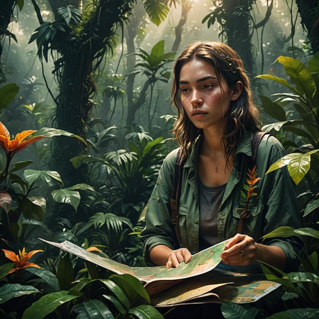 Woman Reading Map in Jungle, Hyperrealistic Splash Art