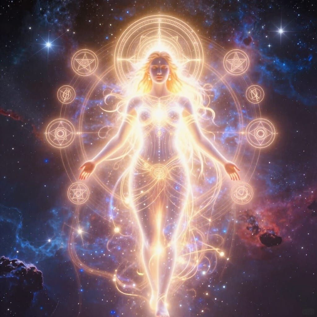 Divine Feminine Light Figure in Cosmic Sacred Geometry