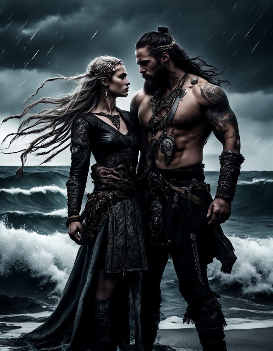 Viking Lovers Embrace on Stormy Beach
