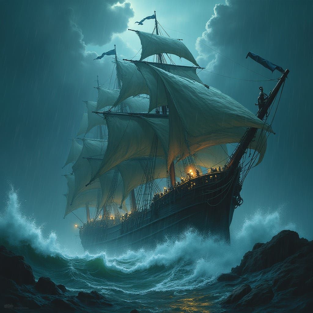 Pirate Ship Battles Massive Kraken in Midnight Storm