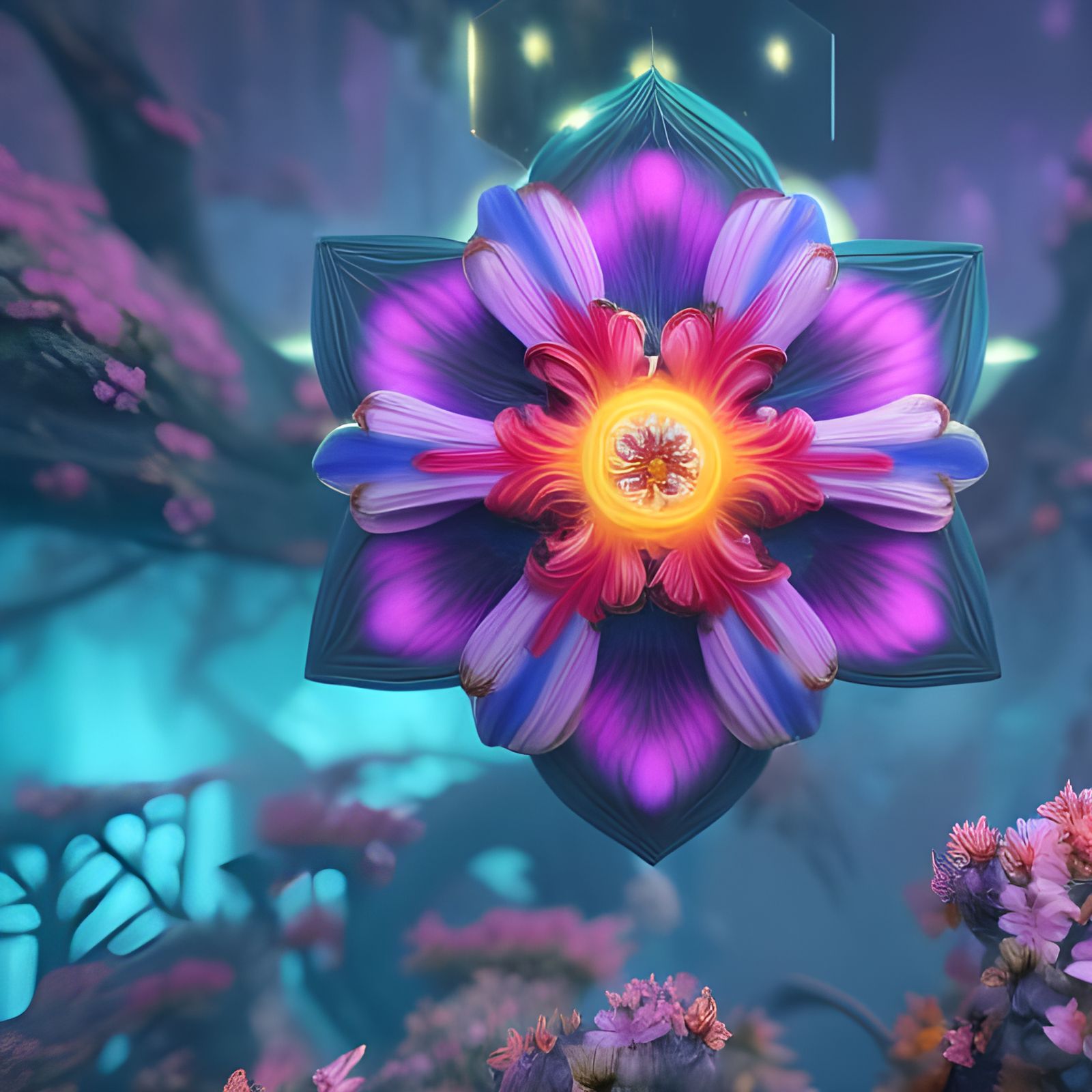 Magical Flower Tesseract in Cosmic Fantasy Art