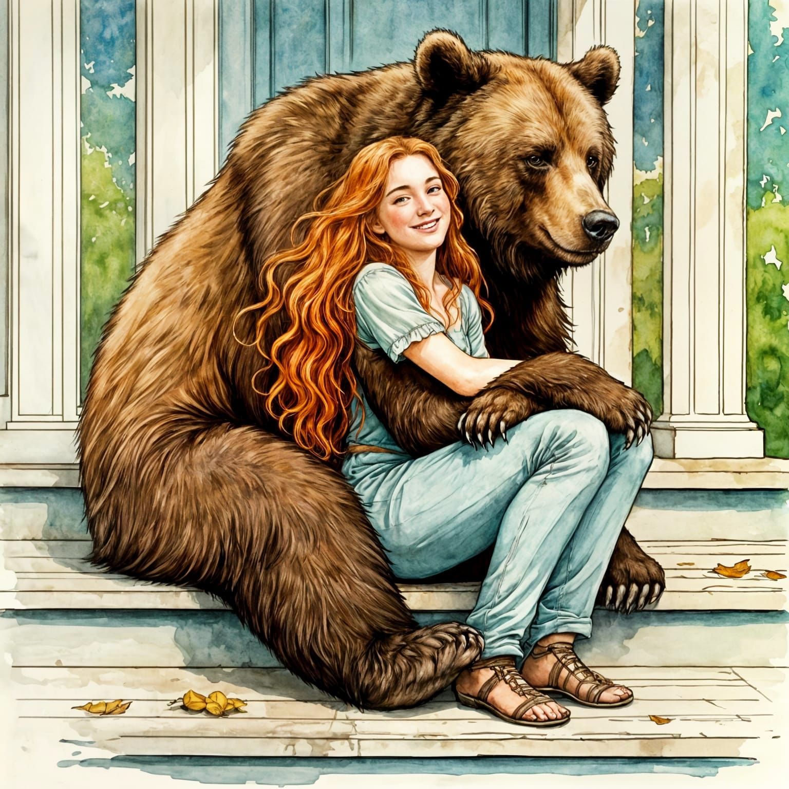 Girl and Bear Enjoying Sunny Porch in Watercolor