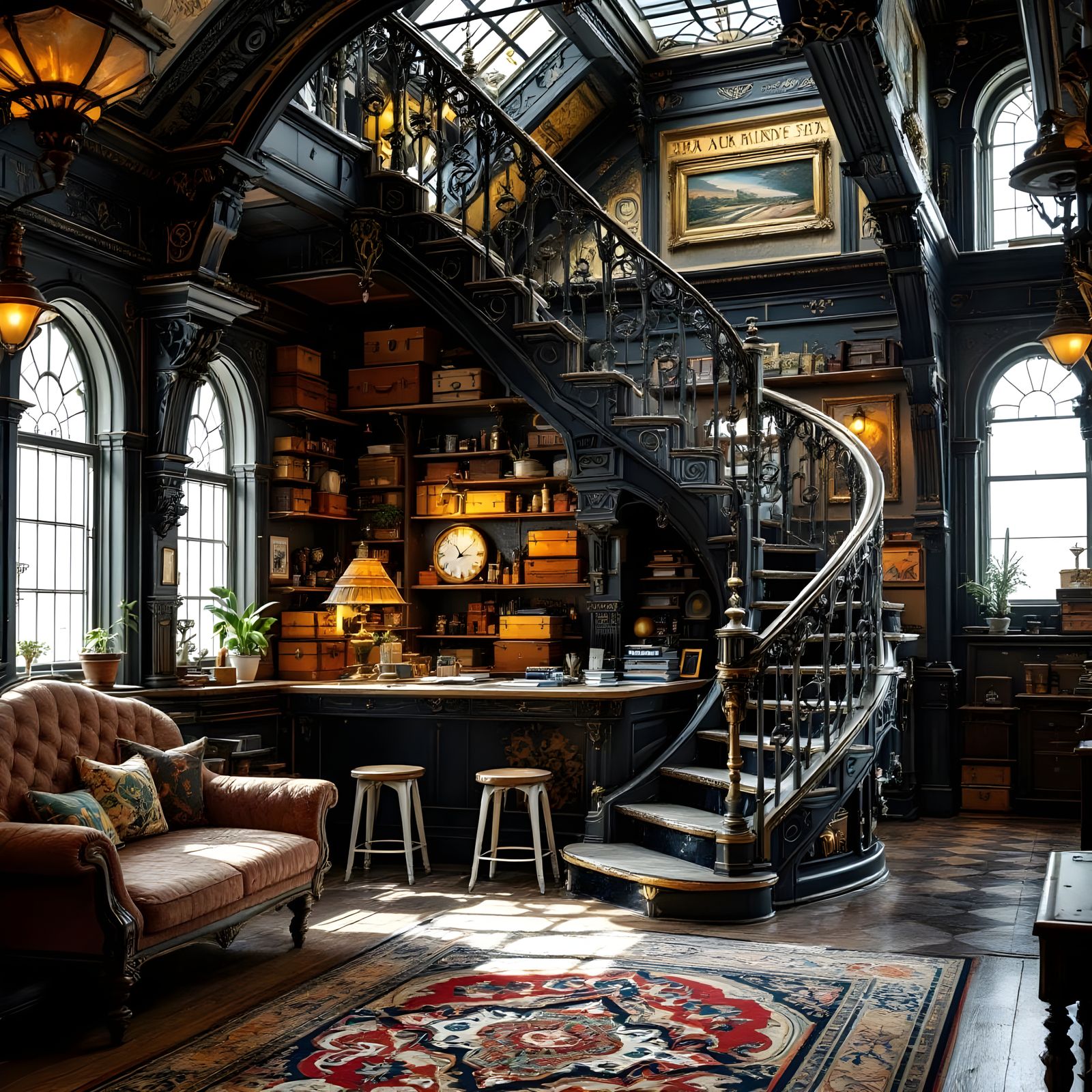 Victorian Steampunk Train Station Interior in Gouache Style