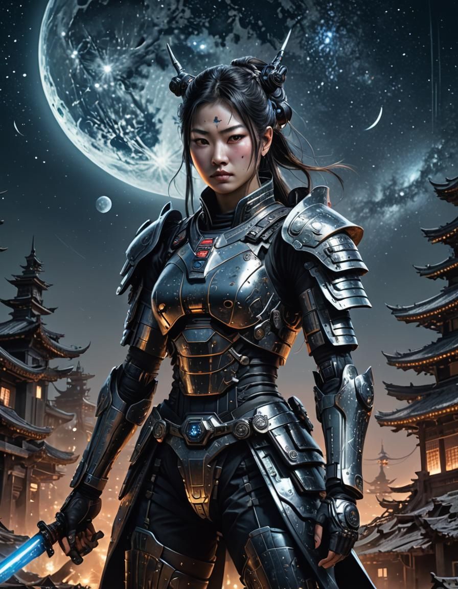 Cyborg Samurai Shines in Cyberpunk City Moonlight