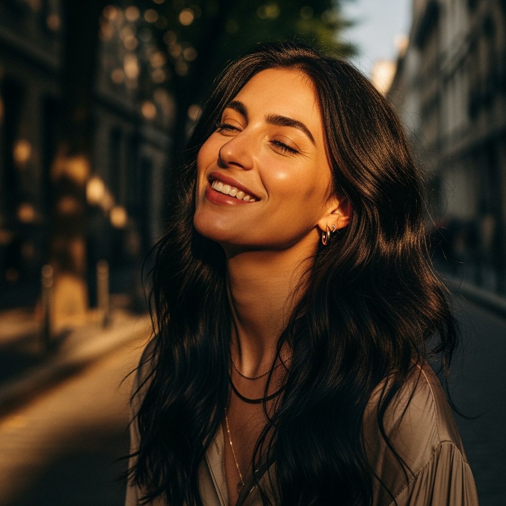 Beautiful Woman with Long Black Hair in Sunny Setting