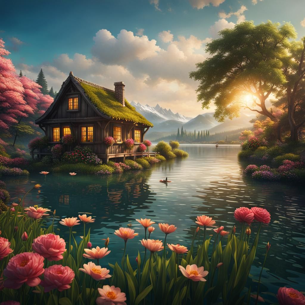 Stunning Girl Swimming in Scenic Lake: Fantasy Art