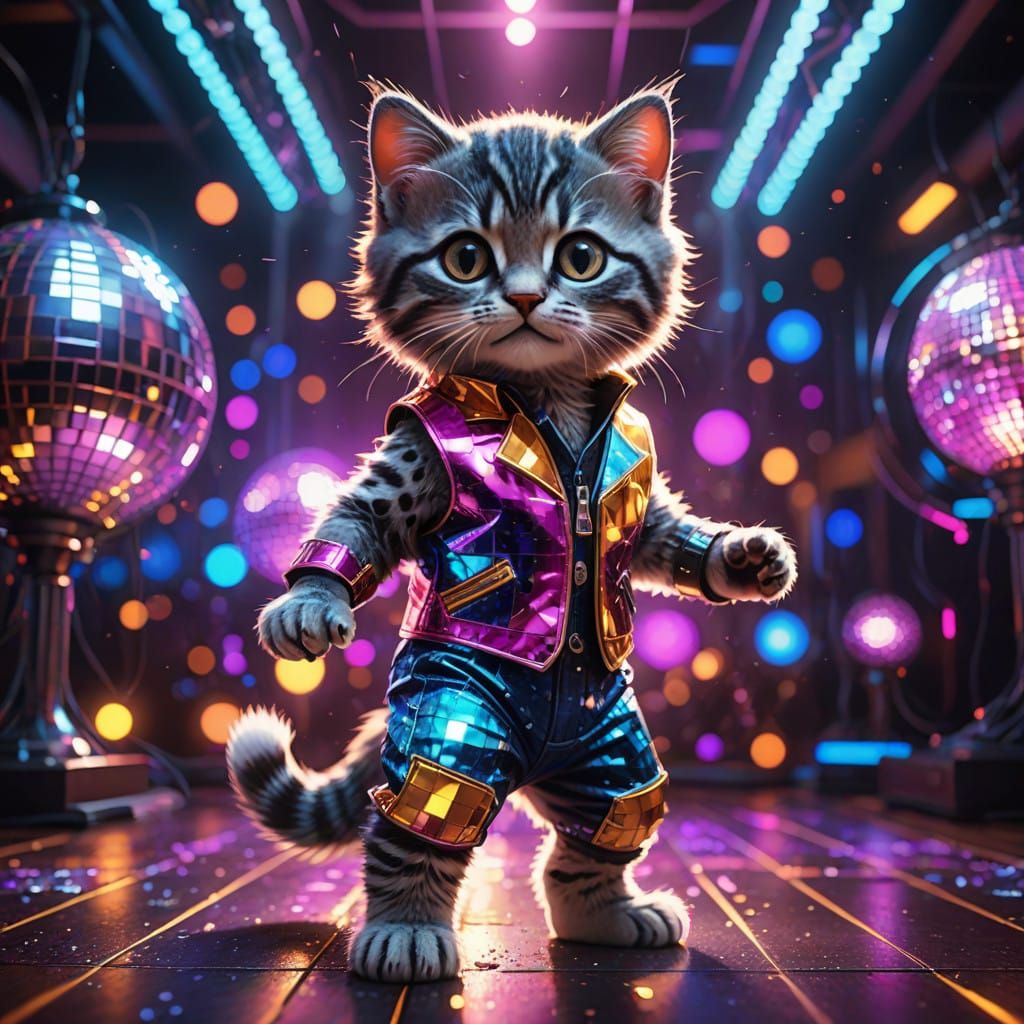 Disco Kitten Vibrates to the Beat in a Sparkling Dance Floor...