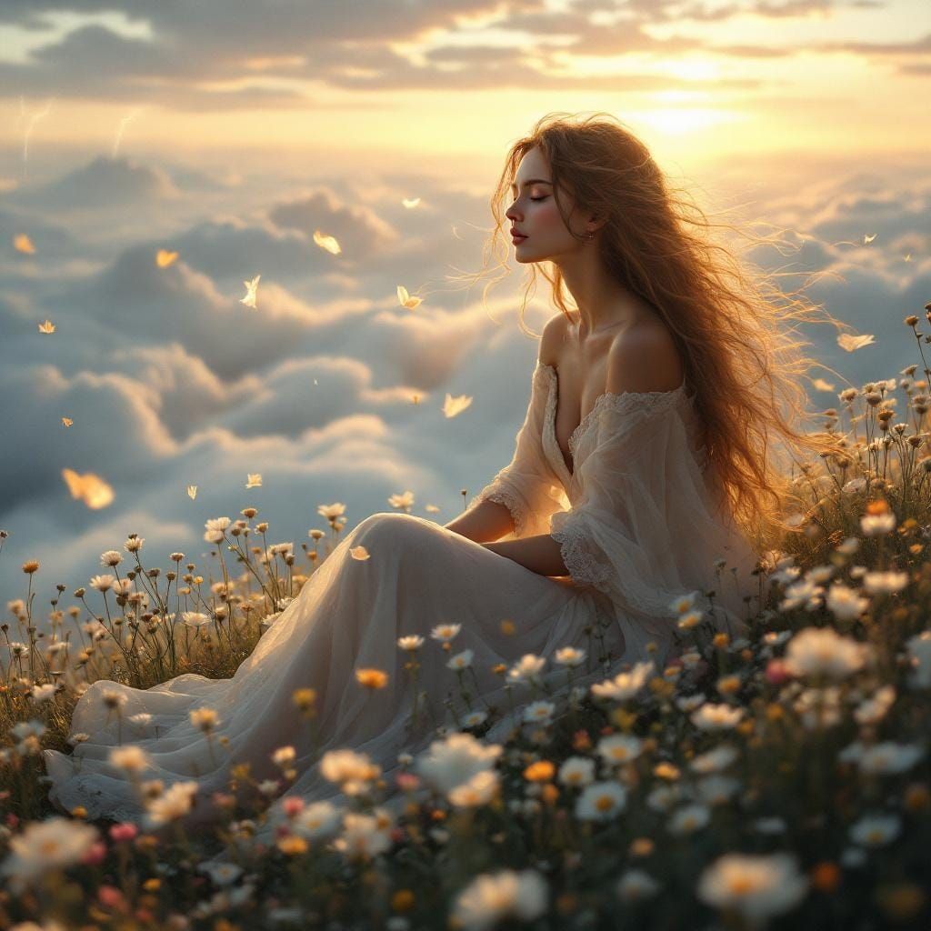 Ethereal Woman in Floating Meadow: Fantasy Illustration