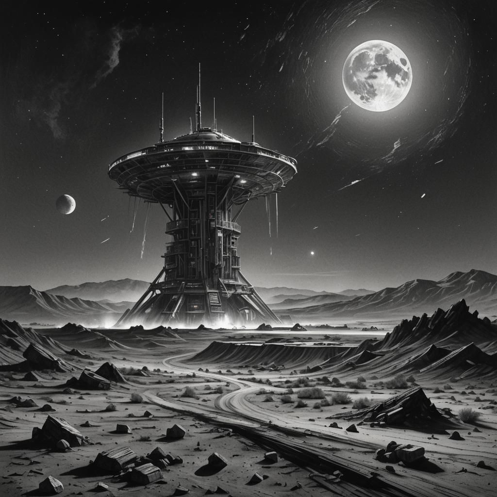 Desert Spaceport in Charcoal Under Moonlight