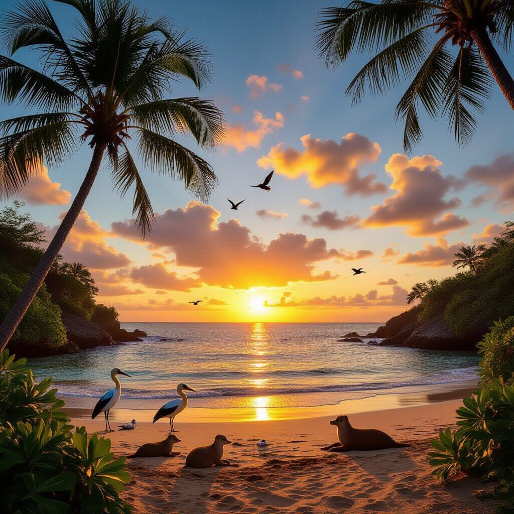 Tropical Beach Sunset With Exotic Birds and Animals