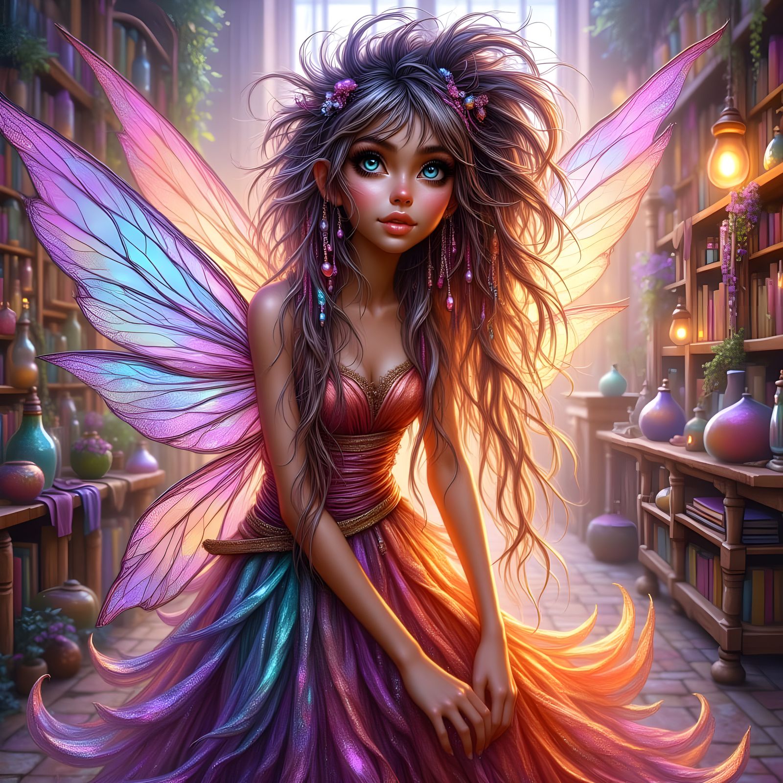 Beautiful Fairy in Crystal Dress with Orange, Teal, and Purp...