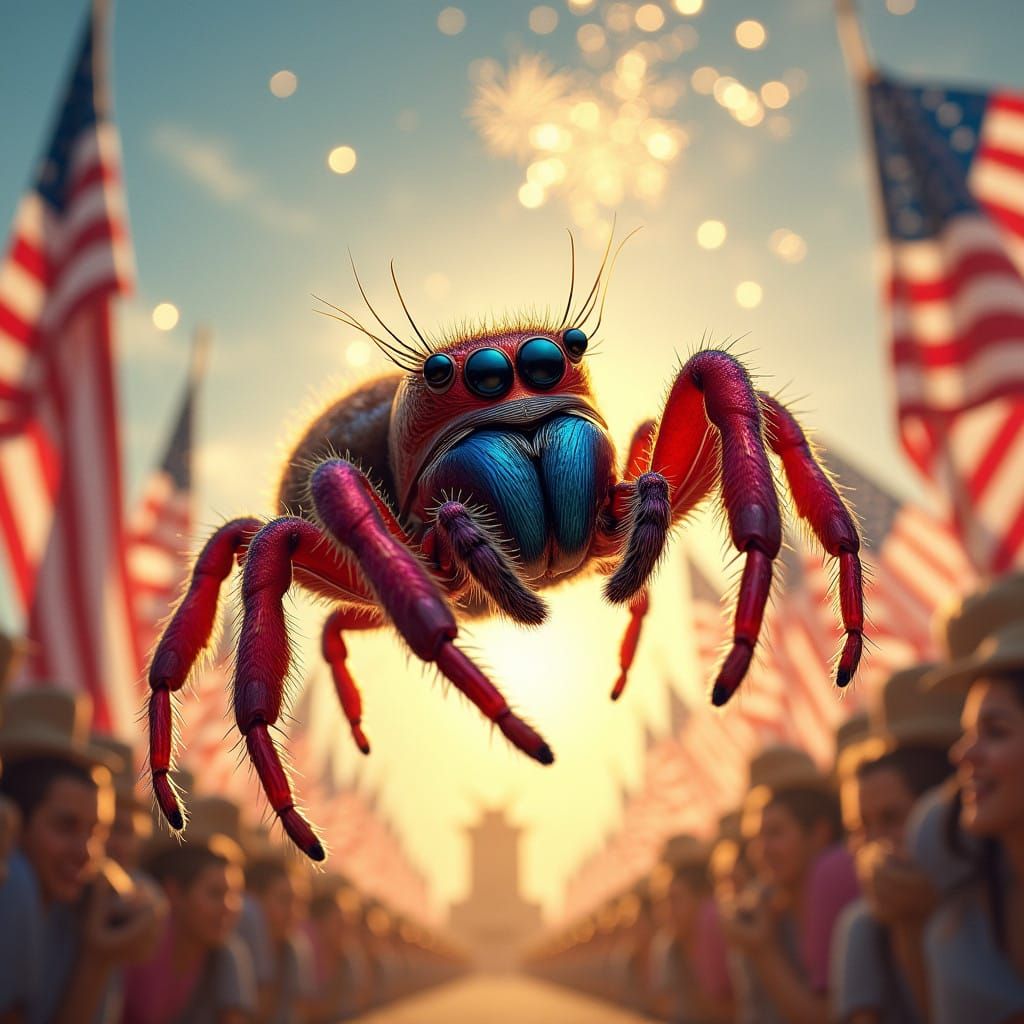Vibrant Patriotic Jumping Spider in Mid-Leap