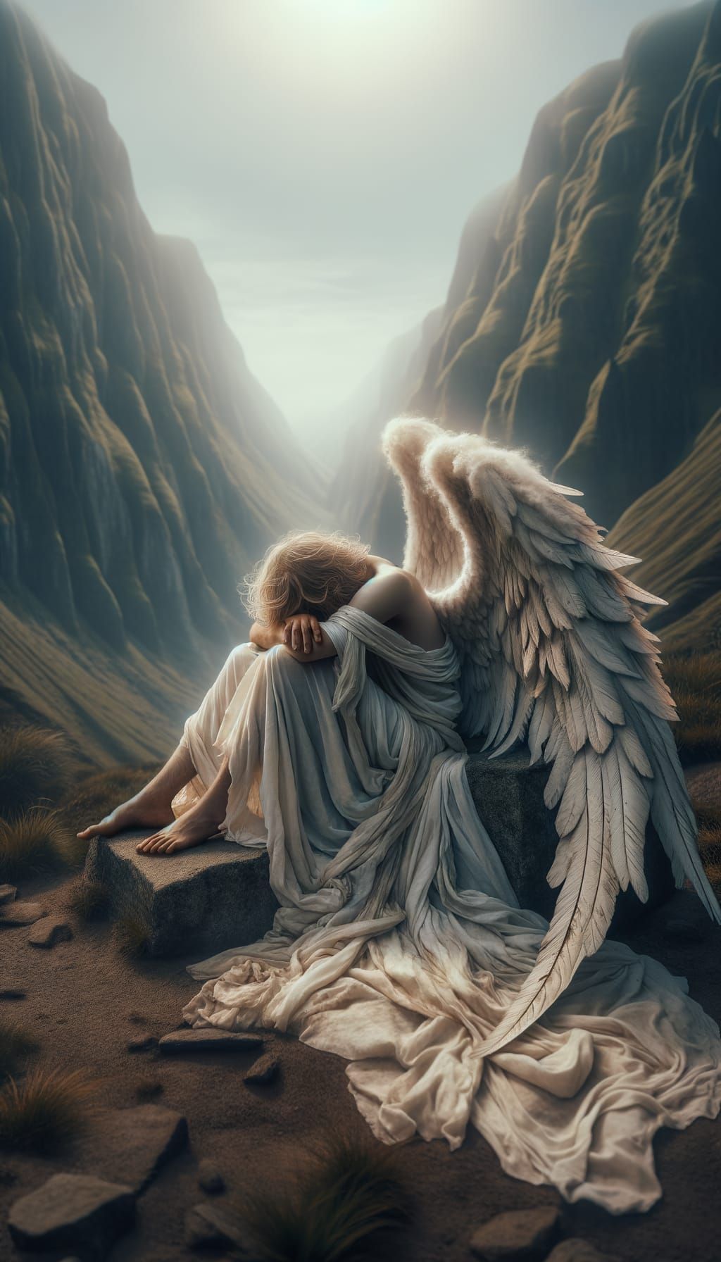 Melancholic Angel with Fallen Wings in Mountain Scene