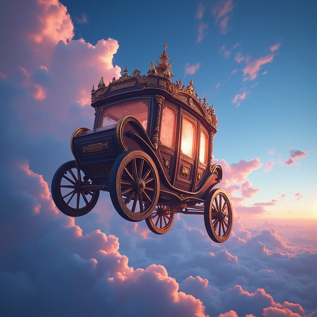 Ornate Carriage Soaring Through Mystical Sky