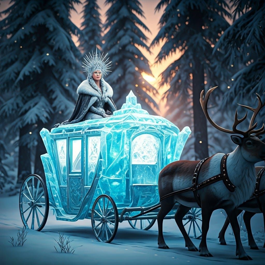 Regal Queen Rides Majestic Ice Carriage through Winter Wonde...