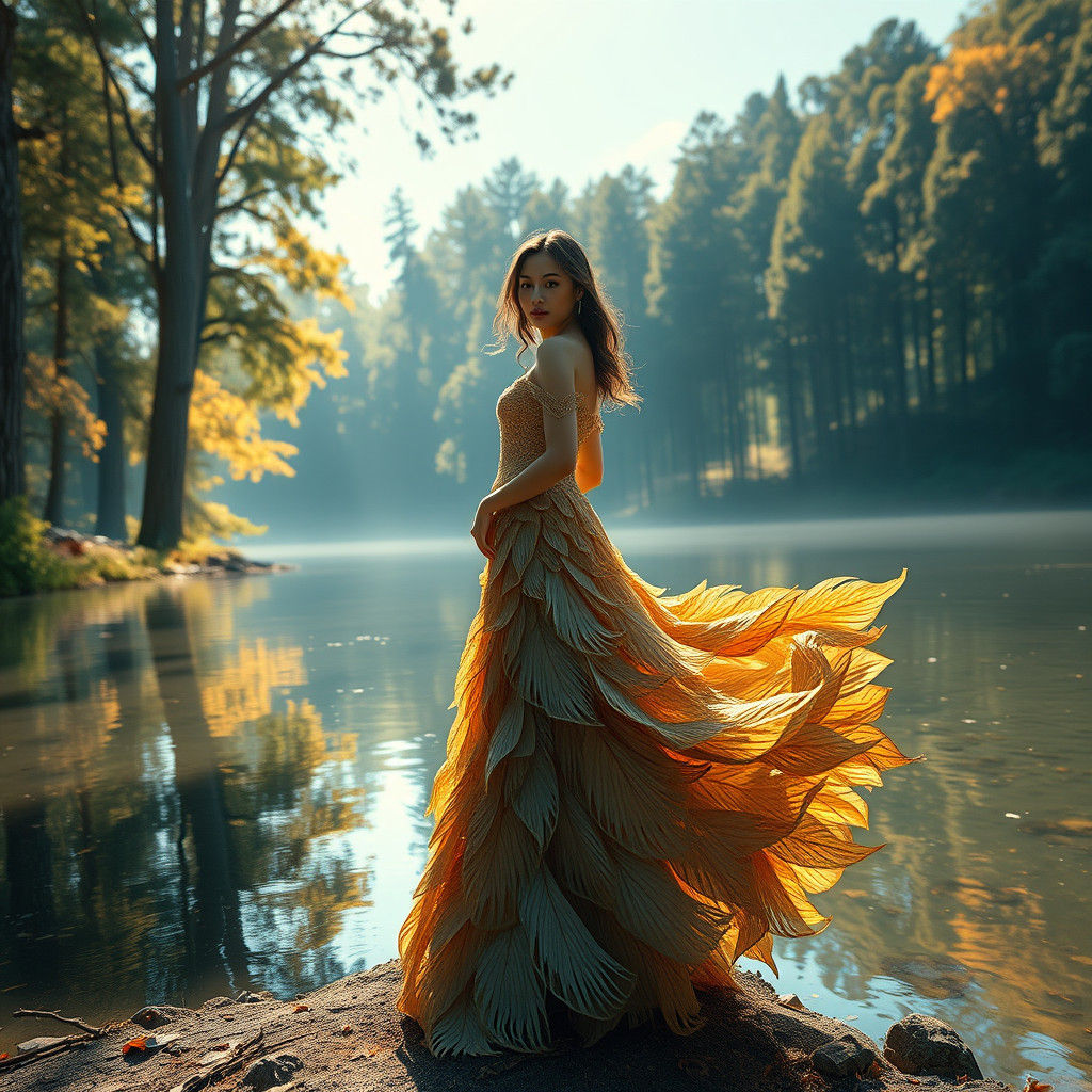 Fractal Leaf Dress by Lake in Sunny Forest