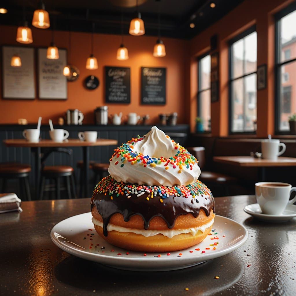 Moody Cake Doughnut and Coffee in Hyperrealistic Splash Art