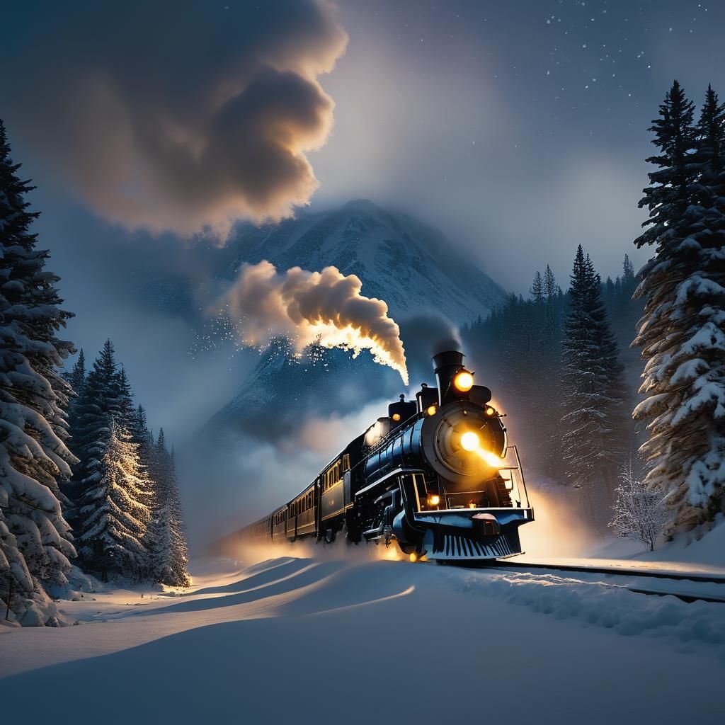 Epic Polar Express Cinematic Film Still in Snowy Winter Land...