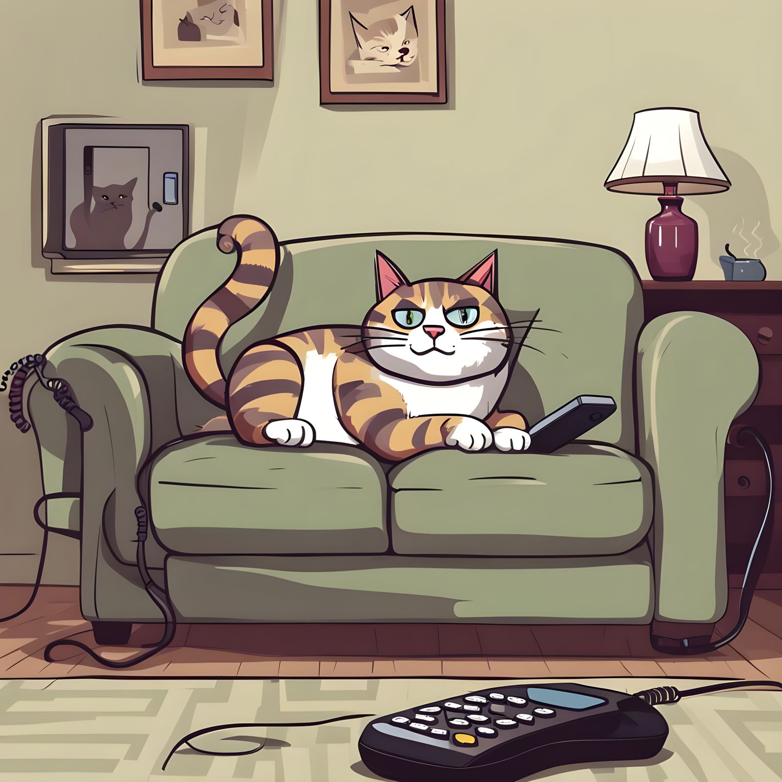 Cat Hissing with Phone and Remote on Sofa