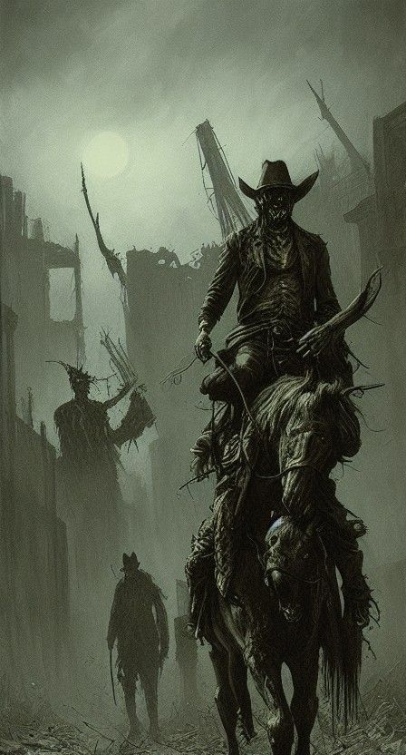 Zombie Cowboy in Dystopian Western Town: Gothic Comic Art