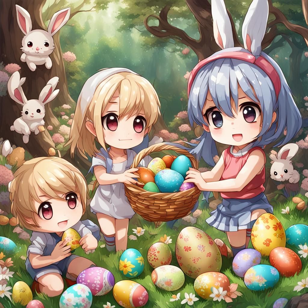 Cheerful Chibi Anime Kids Easter Egg Hunt