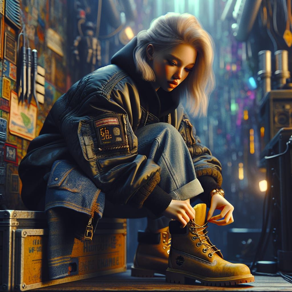 Woman in Bomber Jacket Puts on Boots: Hyperrealistic Portrai...