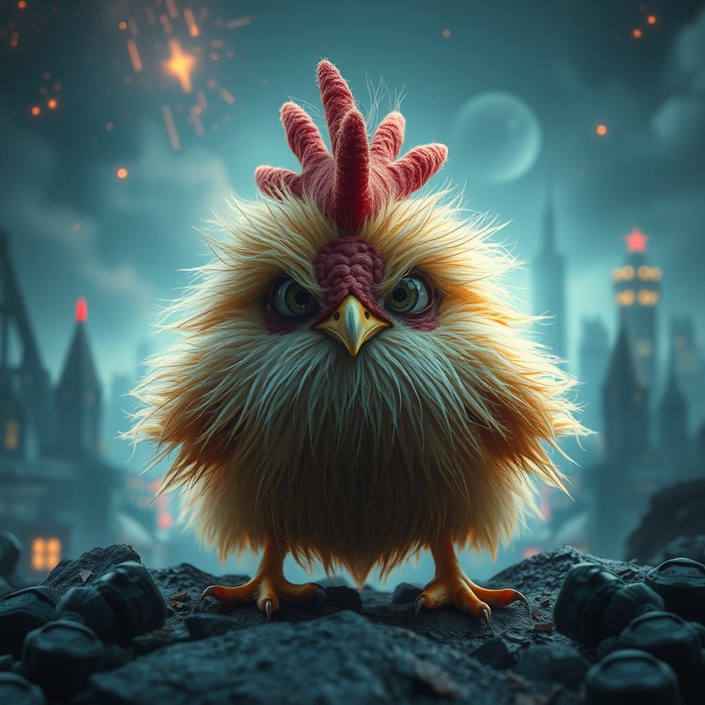 Fuzzy Cross-Eyed Chicken Monster in Utopian City