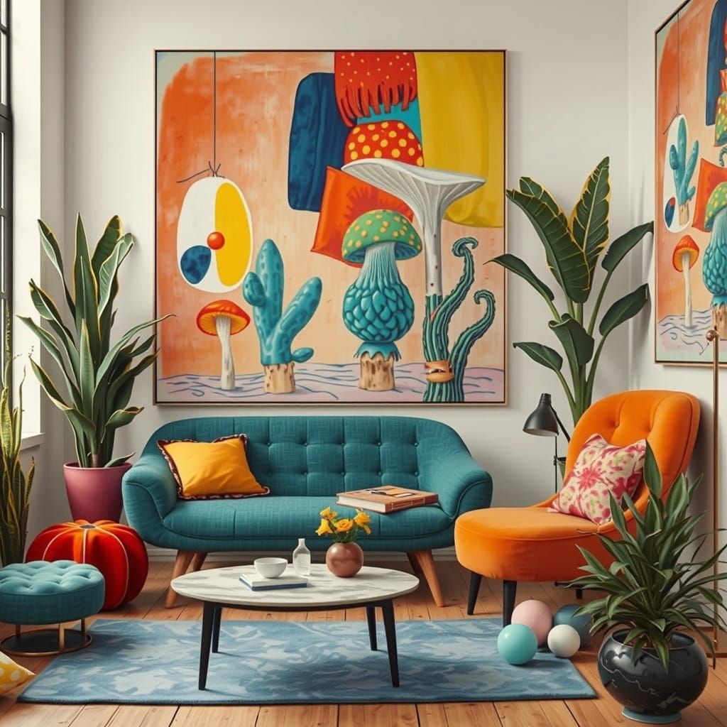 Surreal Brutalist Bungalow with Mushroom Flags