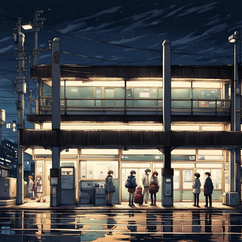 detailed bus station at night,  by artist "anime", Anime Key Visual, Japanese Manga, Pixiv, Zerochan, Anime art, Fantia