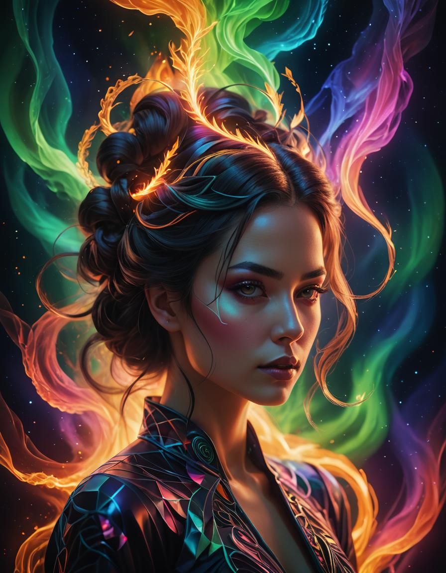 Surreal Woman Portrait with Blazing Aurora in Geometric Styl...