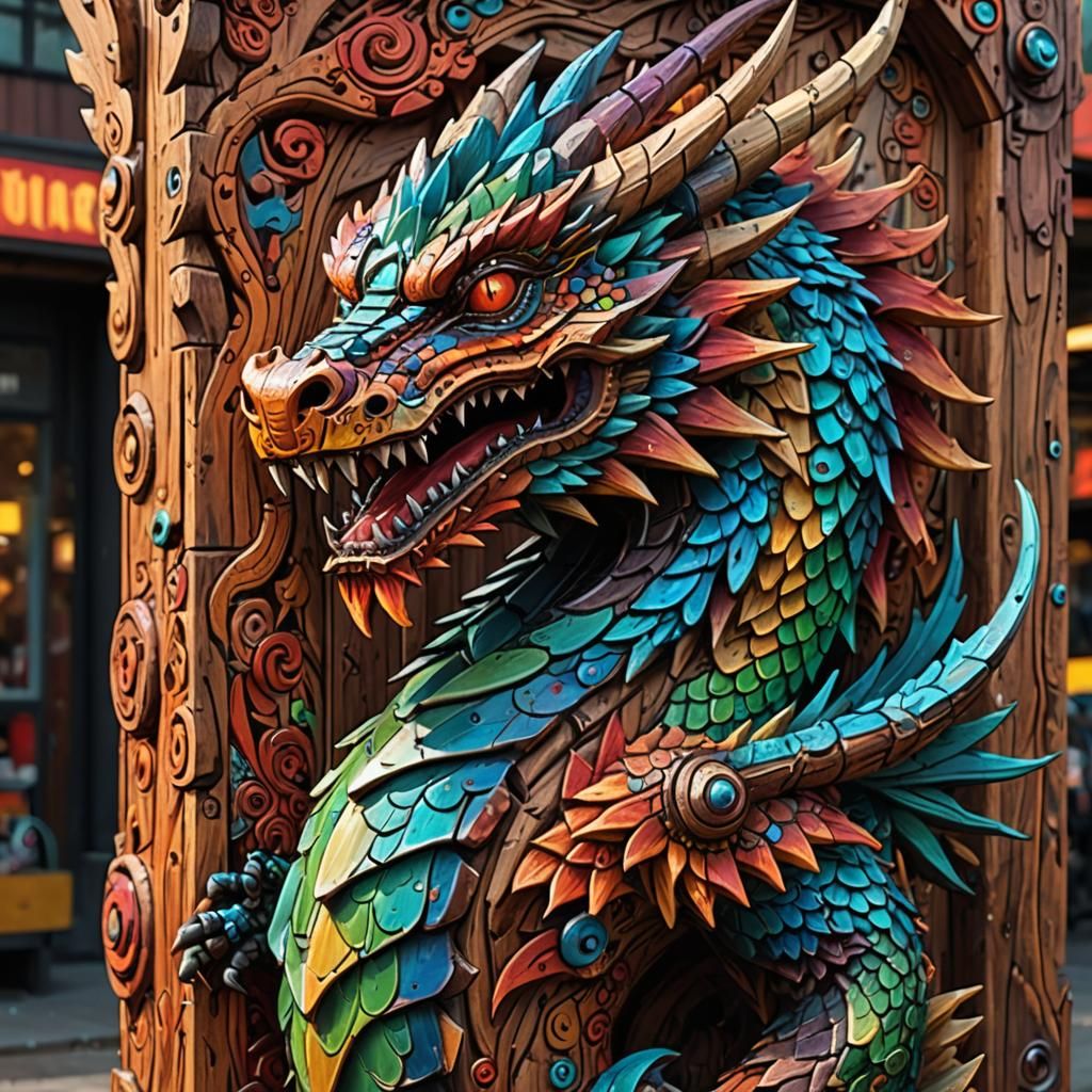 Intricate Wood Carved Dragon Totem in Colorful Splash Art