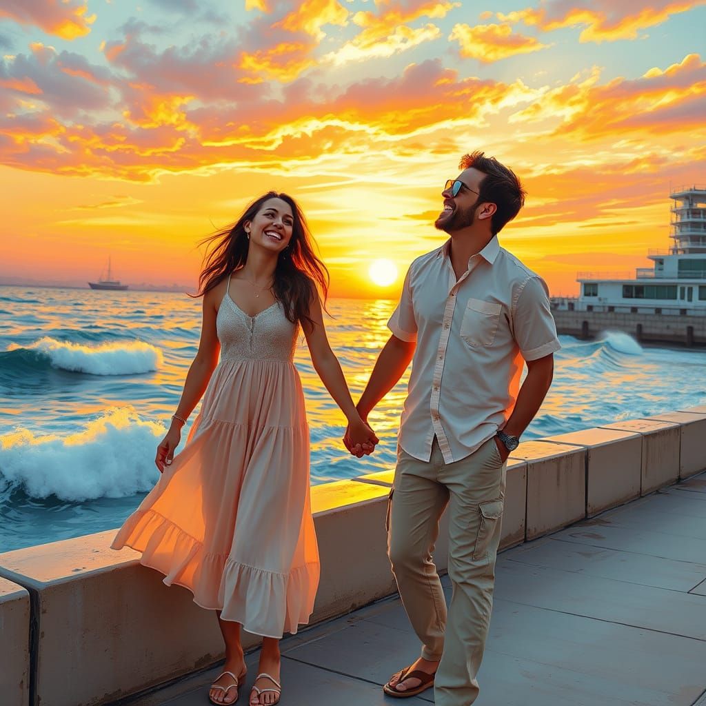 Couple Basking in Sunset Bliss at Tel Aviv Harbour
