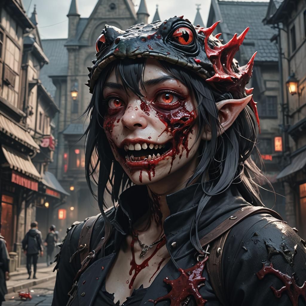 Frog Monster Bite in Gothic Town, Dark Anime Art