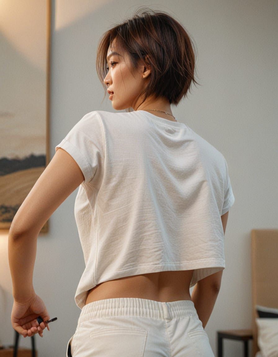 Asian Woman in White T-Shirt and Black Shorts