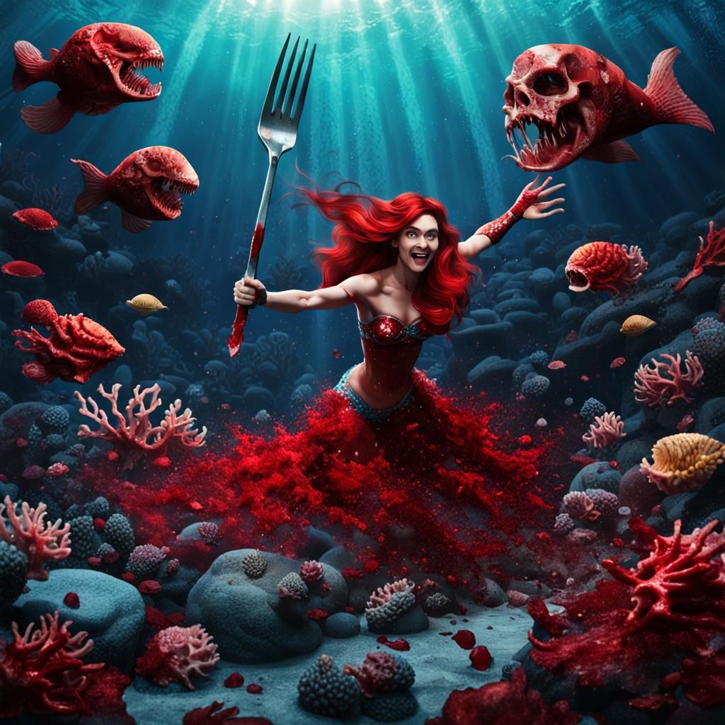Enraged Little Mermaid in Horror Movie Style