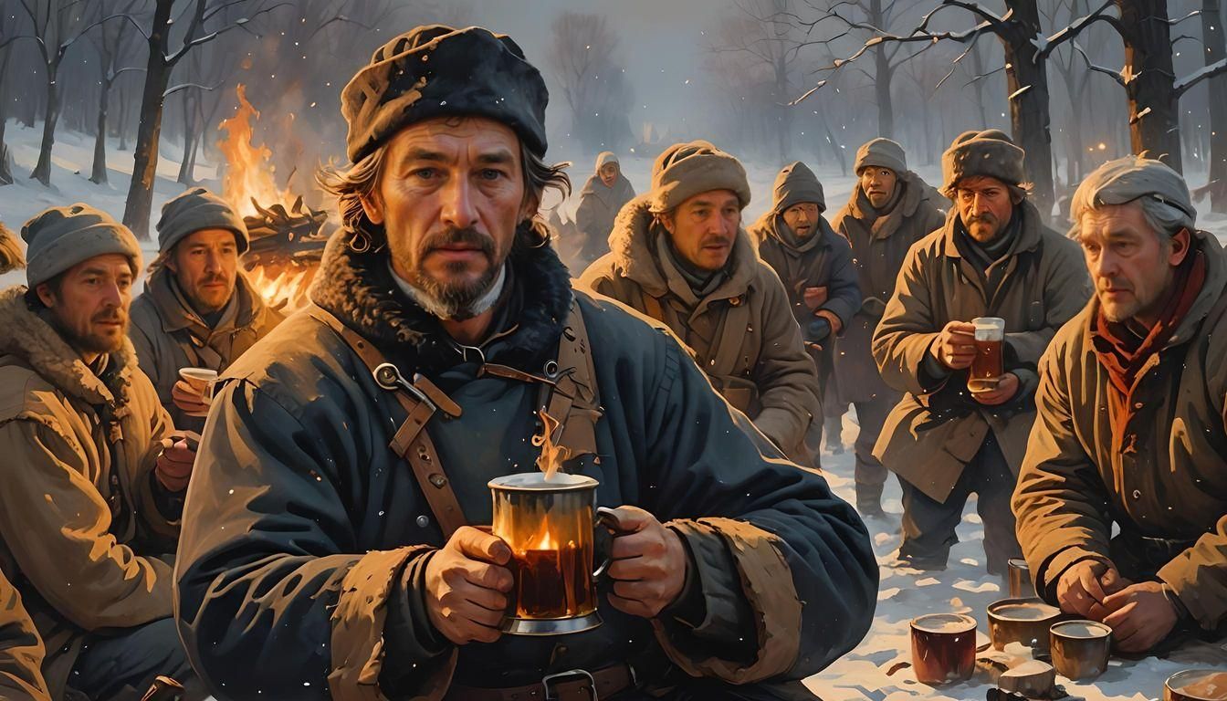 Cossack and Friends Toasting at Winter Campfire