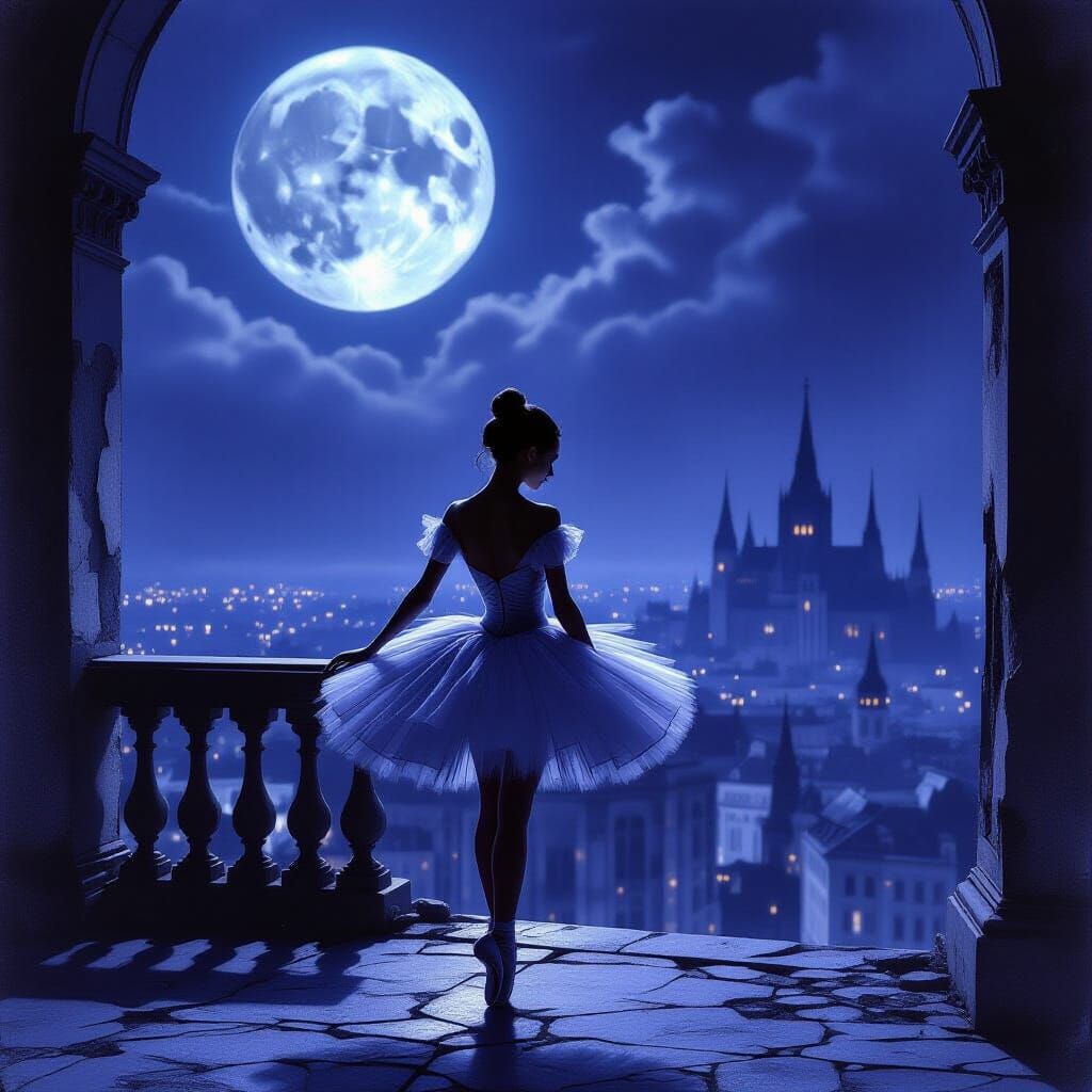 Ballerina on Moonlit Balcony Overlooking Ethereal Cityscape