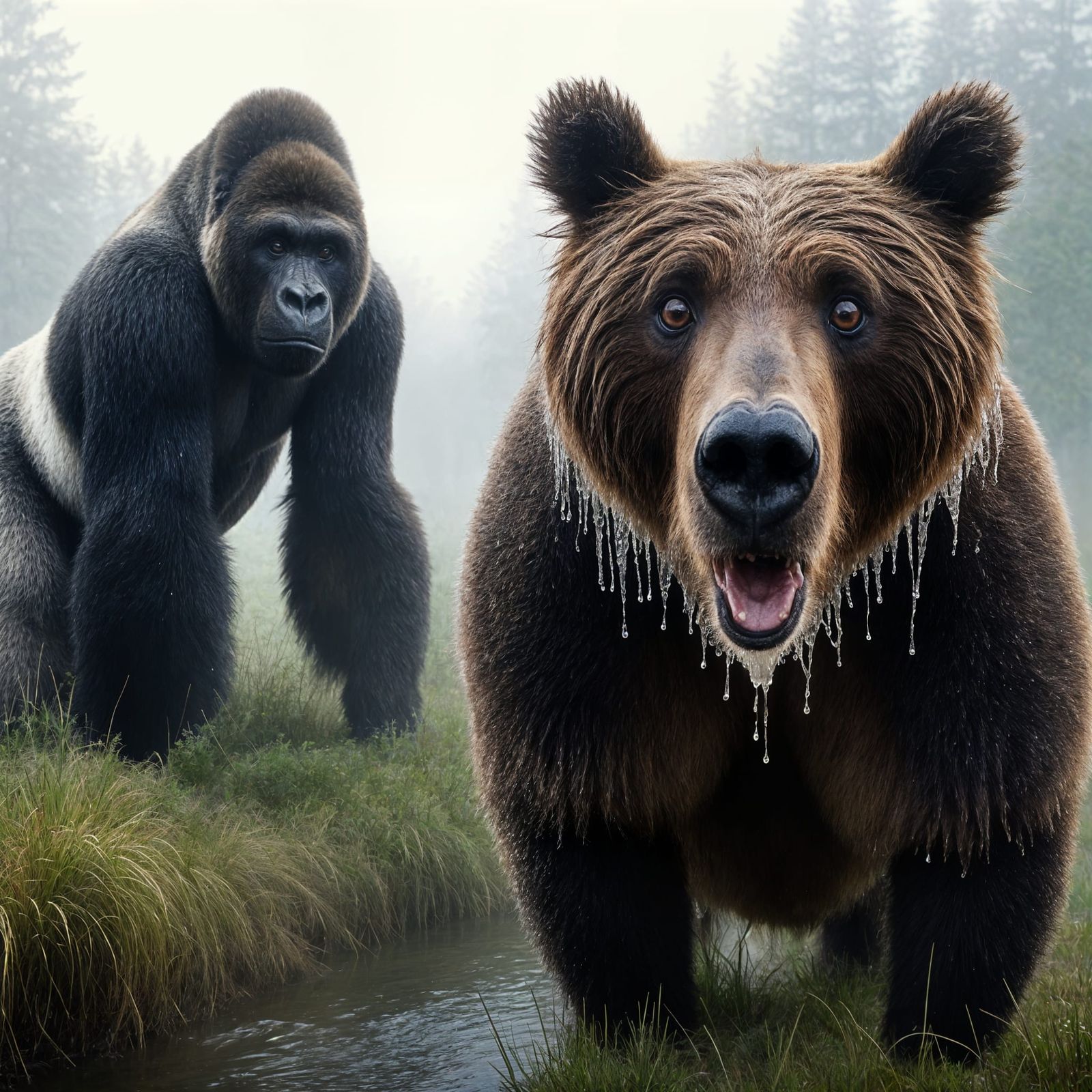 Surprised Grizzly Bear and Silverback Gorilla in Meadow