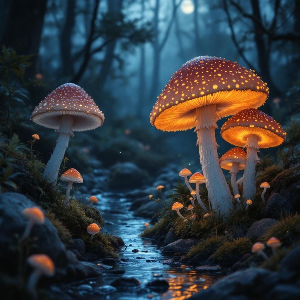 Bioluminescent Mushrooms in Mystical Forest at Night