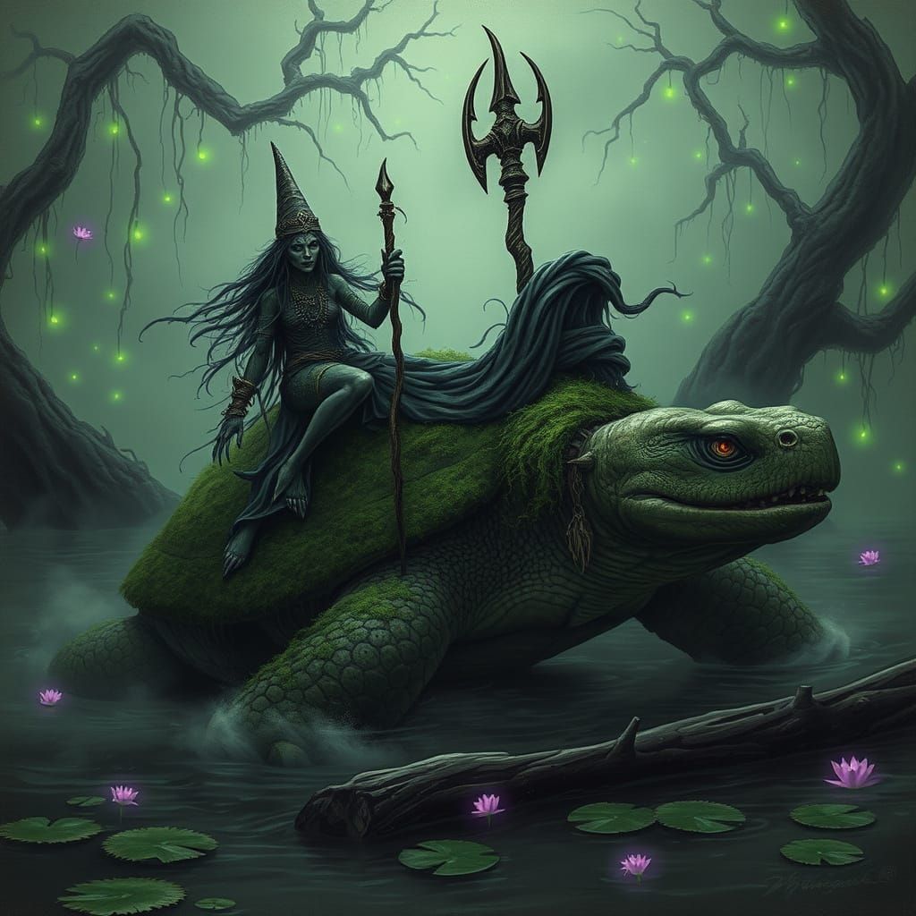 Enigmatic Swamp Witch Rides Giant Turtle in Fantasy Art